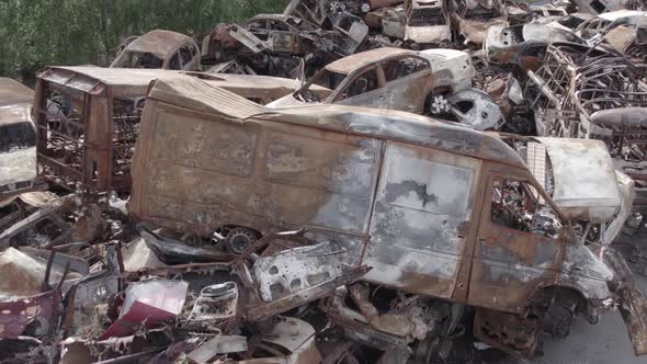 War in Ukraine a Dump of Burned Cars in Irpin Bucha District