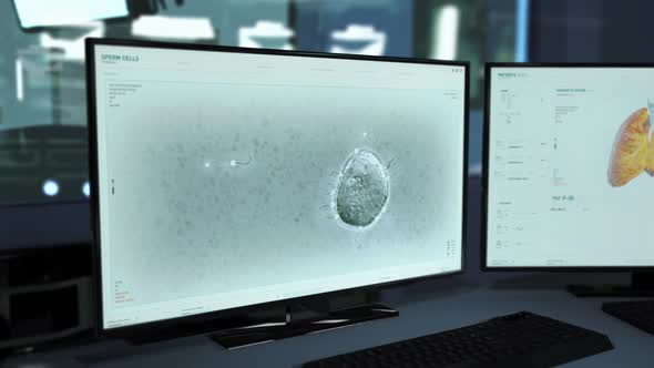 Microscopic technology is supervising the movement of sperm cells at laboratory alt