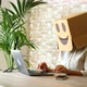 Happy and overjoyed successful people working on computer wearing smile box on head. Joyful online - VideoHive Item for Sale