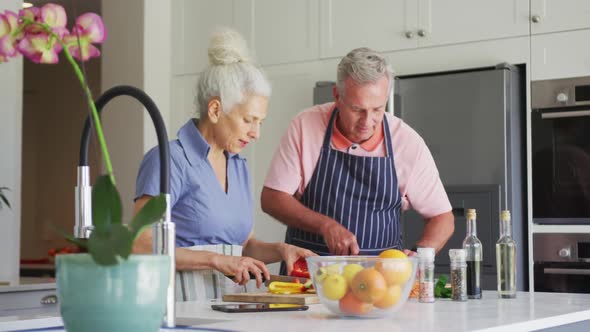 Animation of caucasian senior couple wearing aprons cooking together in kitchen