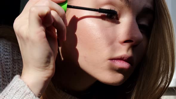 Confident Happy Young Woman Holding Mascara Apply on Eyeleashes Prepare Getting Ready in the Morning