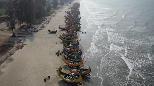 Aerial view of traditional fishing boats in Chittagong, Bangladesh.