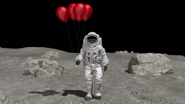 Astronaut Walking on the Moon with Red Balloons