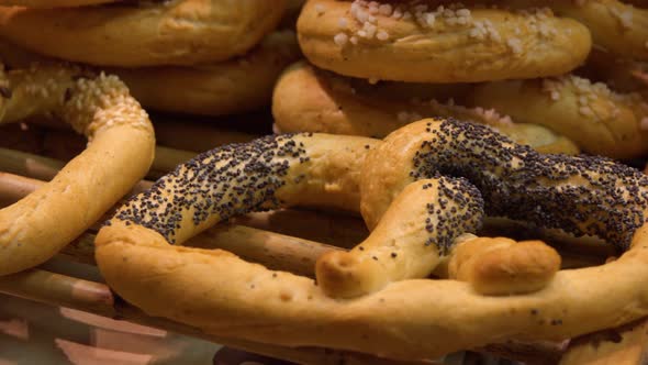 Closeup on Pretzels on a Shelf in a Bakery