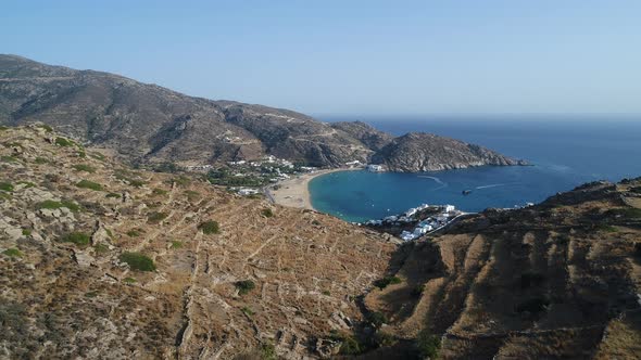 Mylopotas on the island of Ios in the Cyclades in Greece seen from the sky