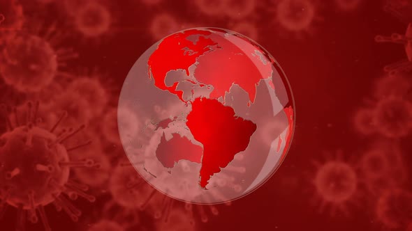 Animation of red corona virus with world globe in background alt