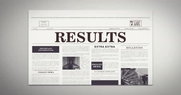 RESULTS headline on turning newspaper - Digitally generated animation