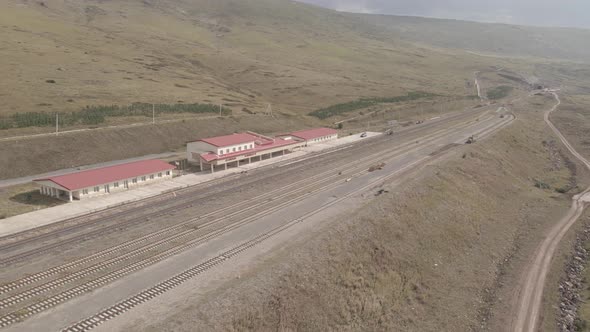 Samtskhe-Javakheti, Georgia - August 20 2021: Aerial view of Kartsakhi railway station