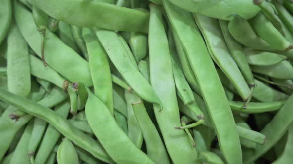 Pile Of Fresh Green Beans On The Market Stand