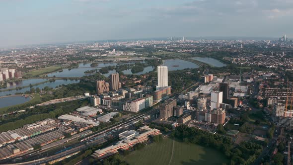 Circling drone shot of tottenham hale railway station golden hour