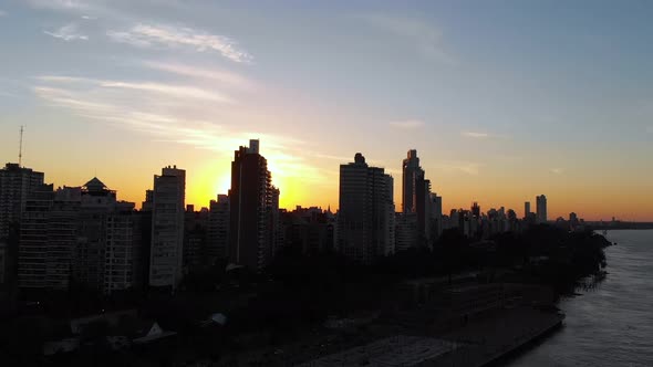 Sunset, Promenade Parana River (Rosario, Argentina) aerial view, drone footage