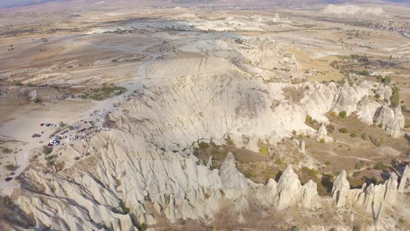 Aerial Drone View Mountain Landscape on the Love Valley Goreme Cappadocia Turkey  2020