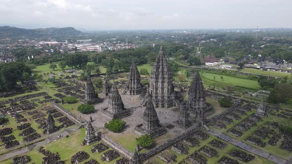 Timelapse Circle of Aerial view Prambanan temple in Yogyakarta, Indonesia.