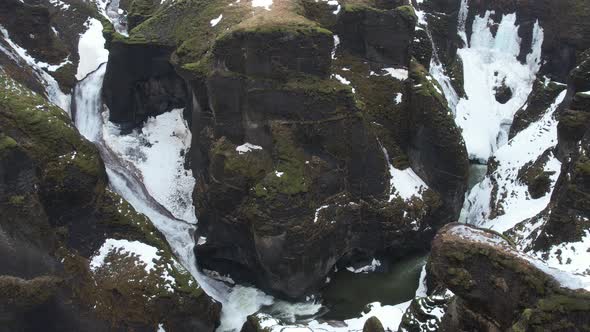 Aerial view of Fjardarargljufur canyon with river in wintertime, Iceland.