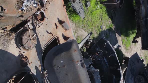 Vertical Video of a Destroyed Military Hardware in Bucha Ukraine