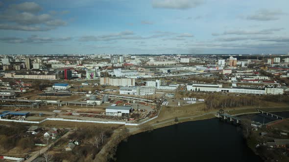 Mixed urban development. Industrial and residential area. Water city system. Aerial photography.