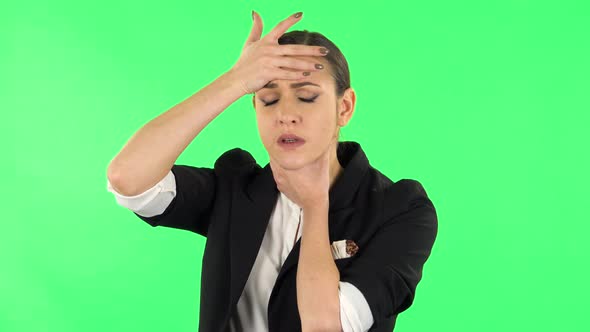 Girl Got a Cold, Sore Throat and Head, Cough on Green Screen at Studio