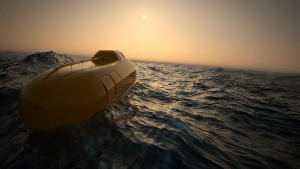 Animation of lifeboats sailing in the oceanic or marine infinite landscape.