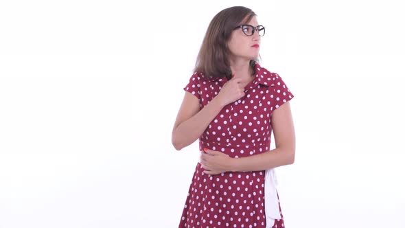 Stressed Woman with Eyeglasses Looking Around and Feeling Upset