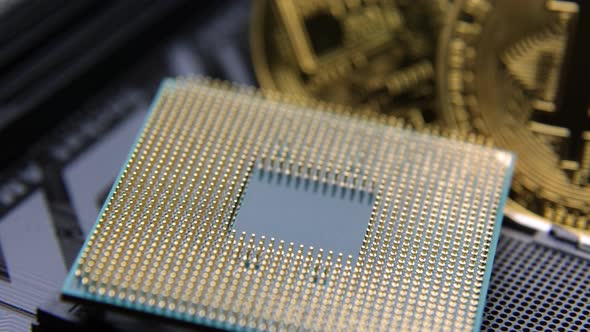 CPU Computer Chip. processor on socket on the motherboard. Technologies, nanometers electronics