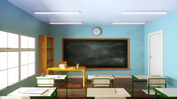 4K Video Animation. Blank blackboard in an empty school classroom. Zoom in. Education concept.
