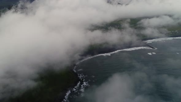 Faraway aerial view above the cloud of empty beach, Westfjords Region, Iceland.