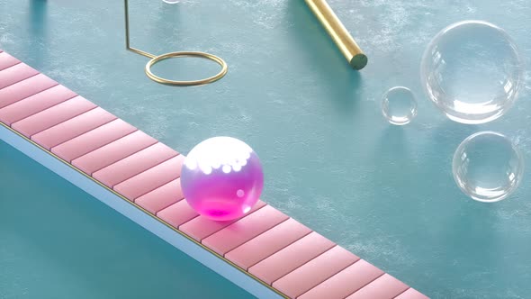 3d render of looped animation with soft bubble falling and rolling on pink mechanical factory