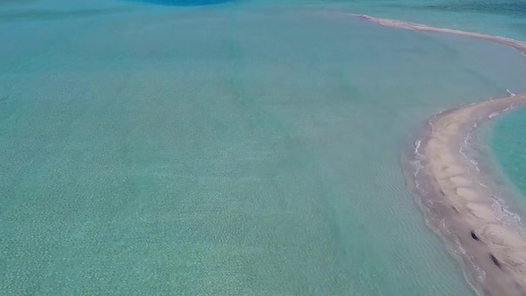 Drone panorama of marine coastline beach voyage by lagoon with sand background