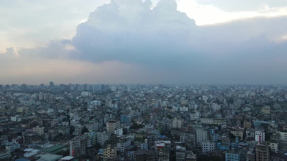 Rainy weather approaching the city of Dhaka, Bangladesh, monsoon season; aerial