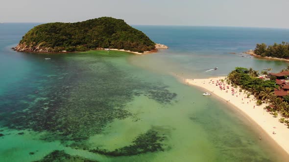 Aerial Drone View Small Koh Ma Island, Ko Phangan Thailand. Exotic Coast Panoramic Landscape, Mae