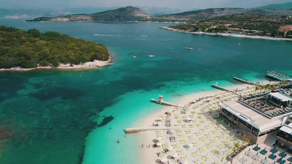 Aerial View Exotic Beach with Turquoise Water in Albania Ksamil Islands