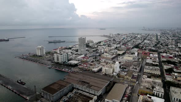 drone shot of the shipyards of the port of veracruz at dawn