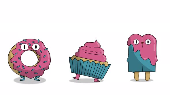 Cute sweets muffins, donuts, ice cream are dancing animated