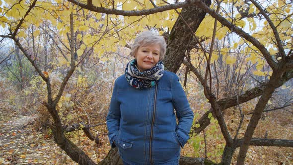 Elderly Woman Walks in the Park in Autumn and Relaxes.