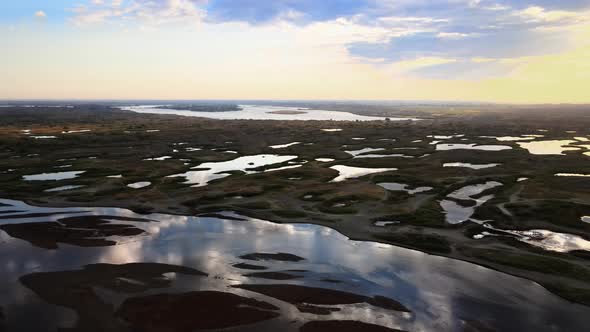 Wide aerial vista panorama of lakes and marshland of Potholes State Park, Washington