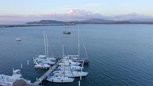 Aerial shot of boats moored at Bahia de las Calderas harbor, Dominican Republic