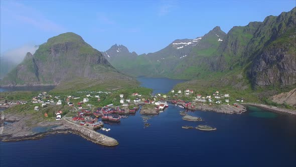 Village on Lofoten islands in Norway from air.