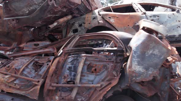 War in Ukraine a Dump of Shot and Burned Cars in Irpin Bucha District