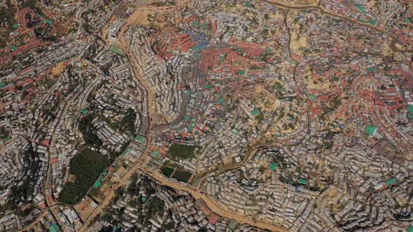 Aerial view of a huge refugee camp with makeshift houses, Ukhia, Bangladesh.