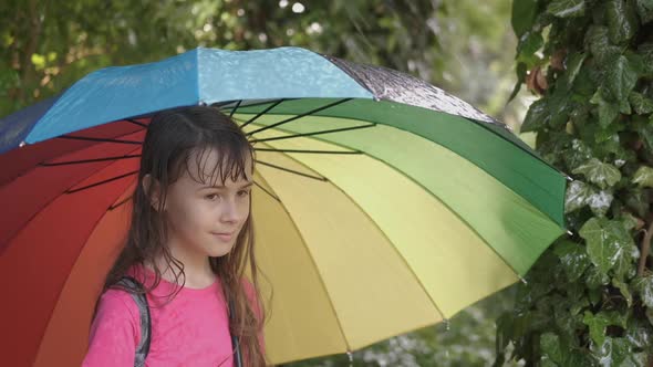 Girl in the summer rain with an umbrella. 