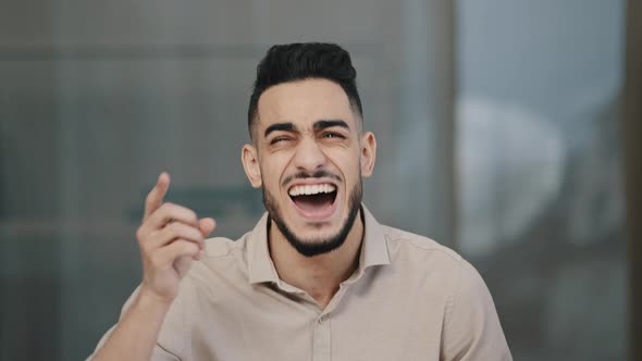 Cheerful Happy Hispanic Man Businessman Arabian Professional Lawyer Laughing Loud Looking at Camera