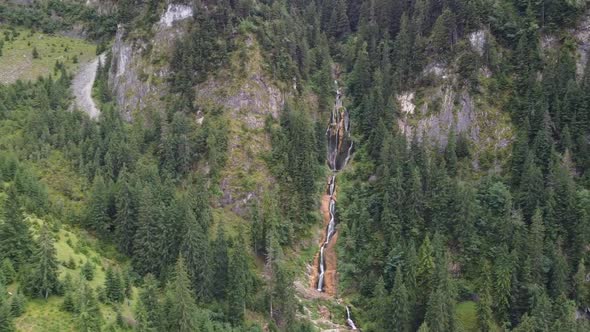 Horses Waterfall Aerial View Pan Right, Romania