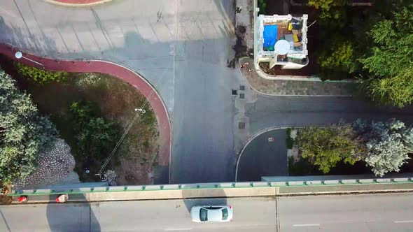 Overhead boom up aerial view of the streets of Willemstad, Dutch island of Curacao, Caribbean Sea.