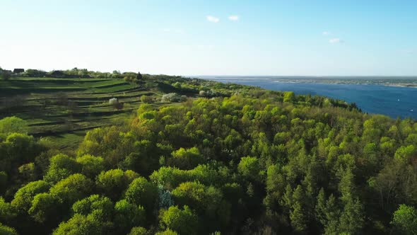 Aerial View Flying Over Vitachiv Village Hills Near Dnipro River at Sunset. Horodyshche Novgorod