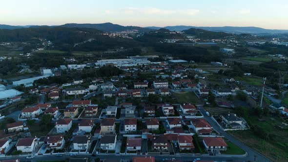 Aerial View of Residential Houses in Suburban Rural Area at Sunset