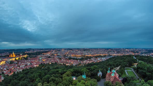 Wonderful Day to Night Timelapse View To The City Of Prague From Petrin Observation Tower In Czech