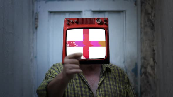 Man with Old TV instead of Head, showing the Flag of England on Screen.
