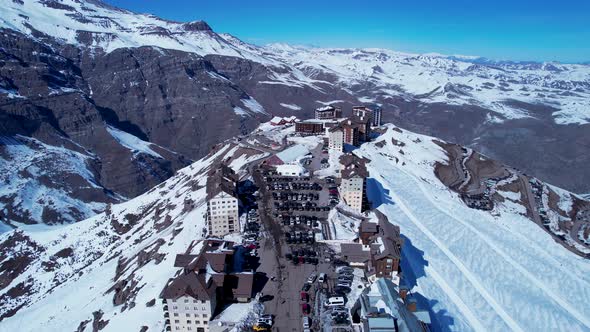 Panoramic view of Ski station centre resort at snowy Andes Mountains.