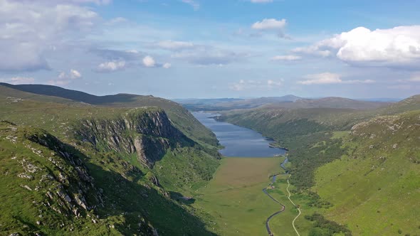 Aerial View of the Glenveagh National Park with Castle Castle and Loch in the Background - County