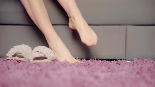 Girl Waking Up Legs Feet In Bedroom. Comfort Cozy Morning. Awake Bedtime Early Morning.